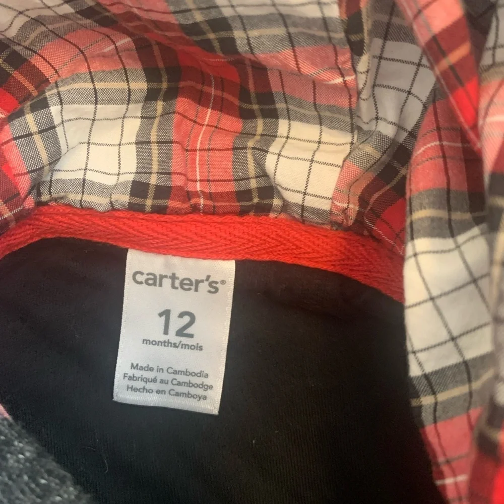 Carter's grey and black hooded jacket with plaid design in hood size 12 months